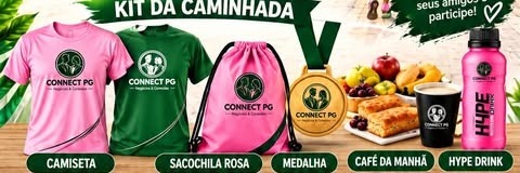 Camiseta, sacochila rosa, medalha, café da manhã e hype drink
