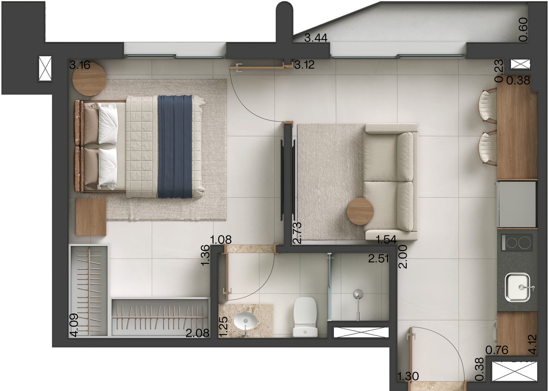 Planta da unidade de 34 m², 1 suíte
