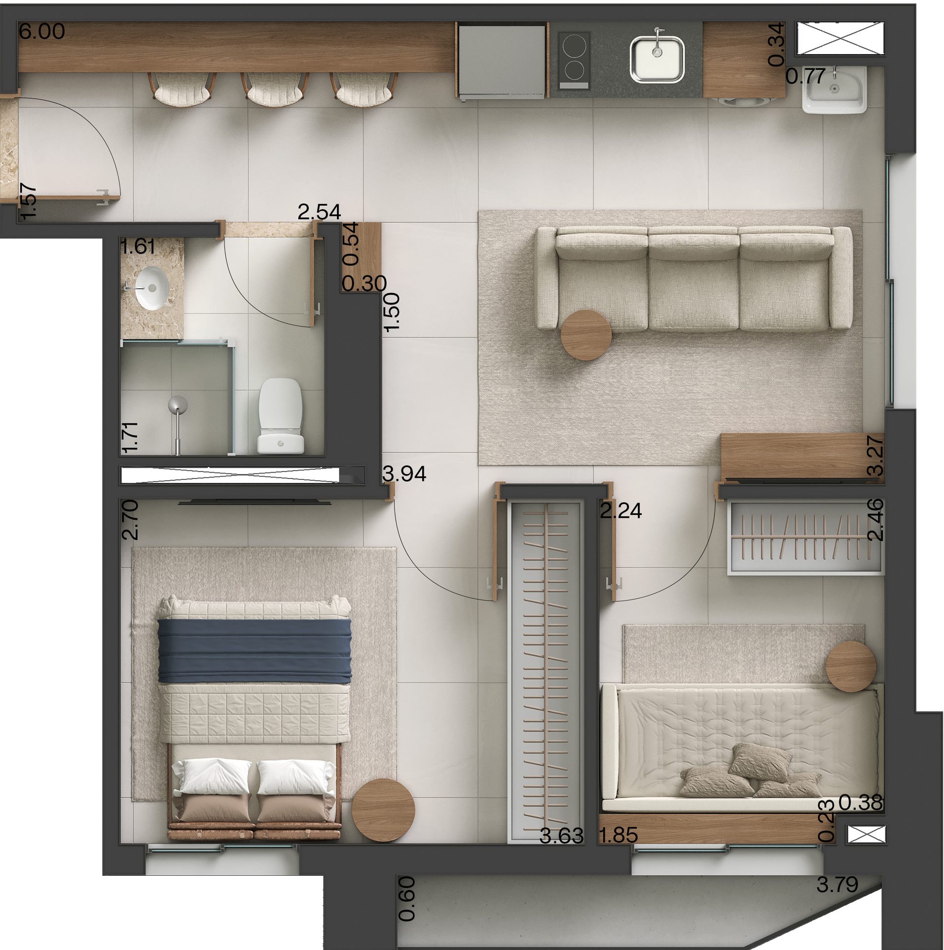 Planta da unidade de 45 m², 2 quartos