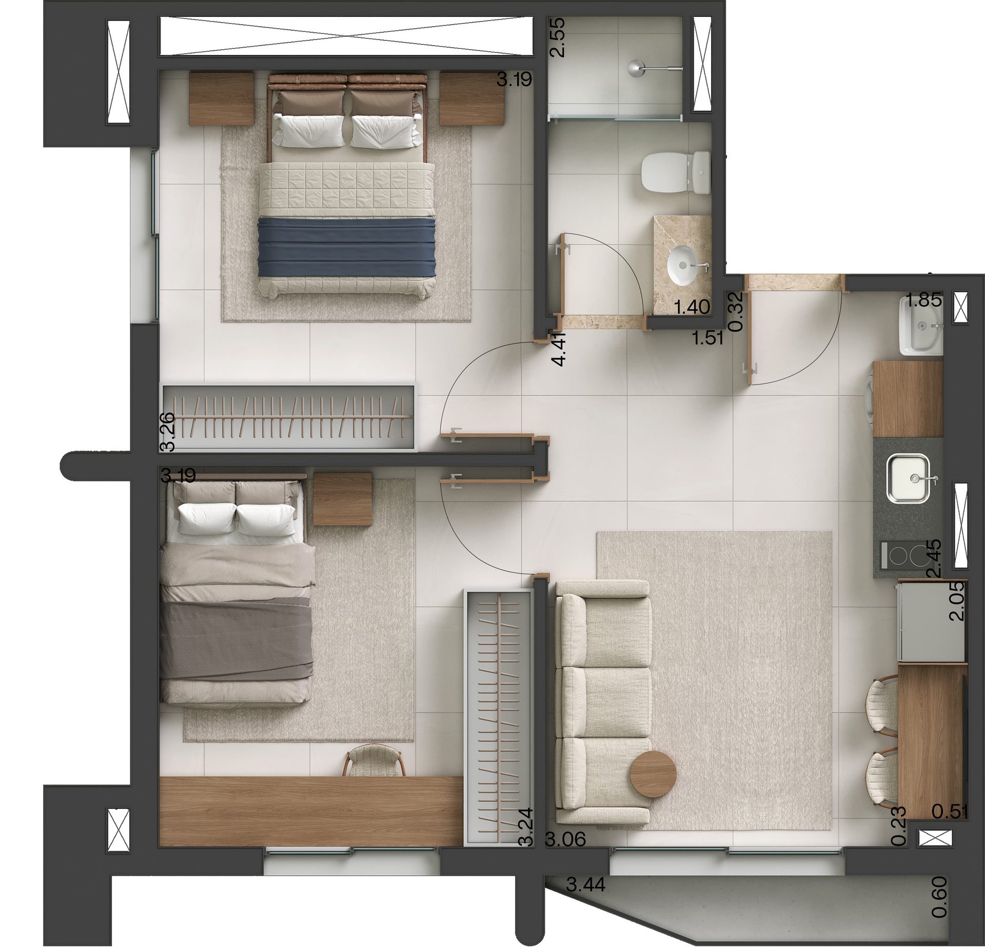 Planta da unidade de 48 m², 2 quartos