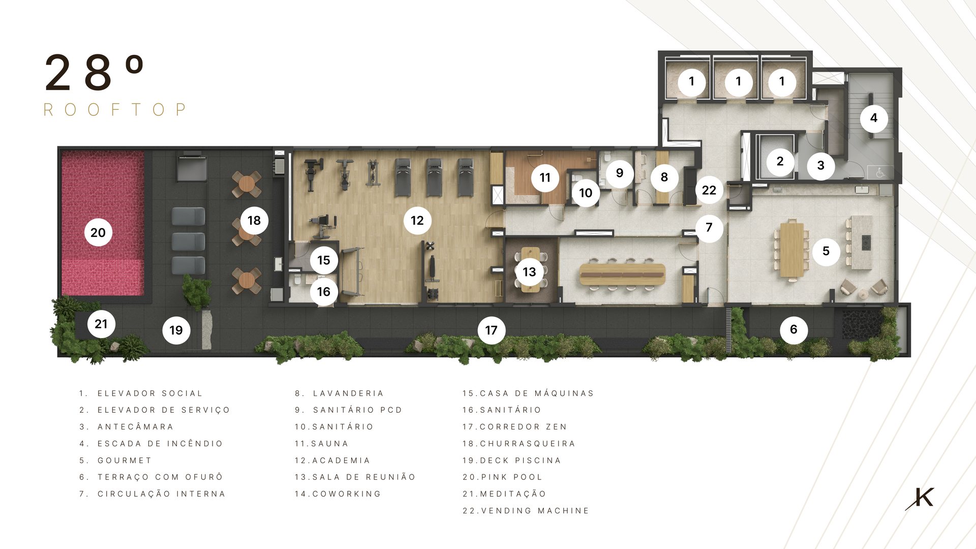 Planta do 28º andar, com os 22 ambientes do rooftop